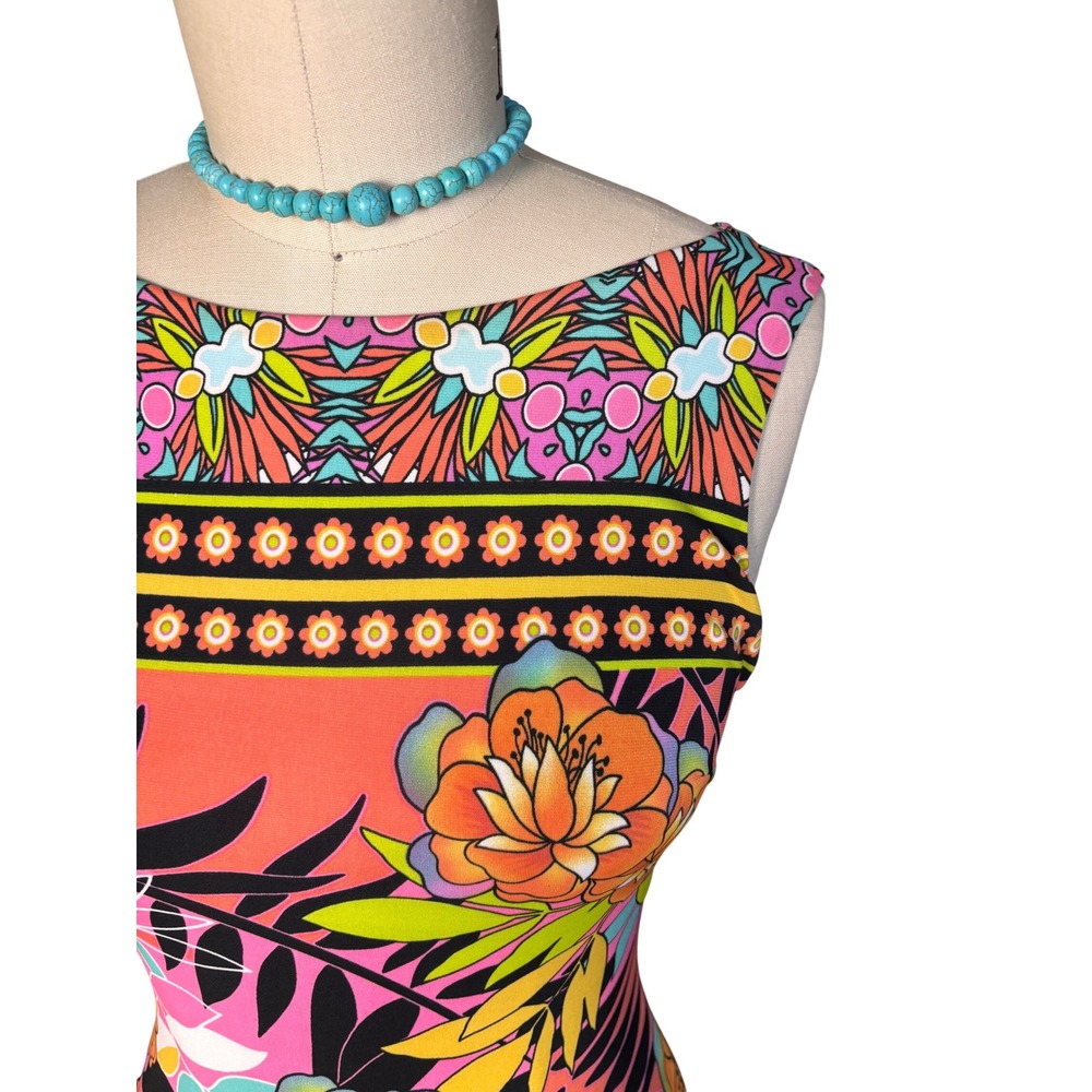 Tropical Floral Print Cache Sheath Dress Sleeveless Boat Neck 6 Pink Multi - Picture 3 of 10